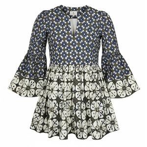 Tuckernuck Cottagecore Batik Print Izzie Dress Long Bell Sleeve Blue XS NWT